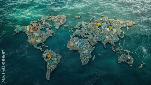 aerial view of a world map made up of garbage. The map is located in the middle of the ocean, with the ocean surrounding photo