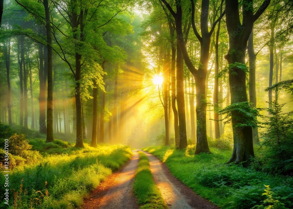 Fototapeta premium Serene Sunrise Path: Misty Green Forest, Sunlight Illuminates Tranquil Morning Woods