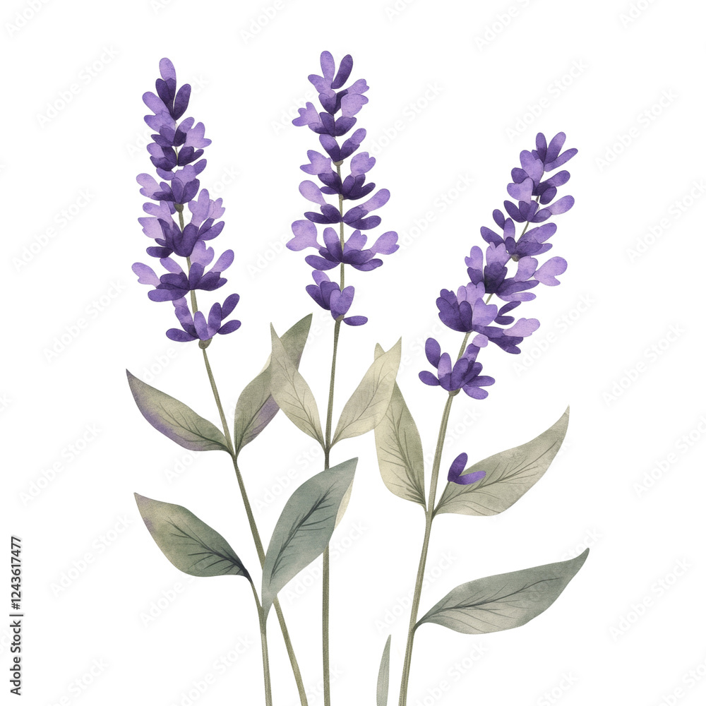 Obraz premium A watercolor painting depicts three delicate lavender sprigs with purple flowers and grey-green leaves against a black background.