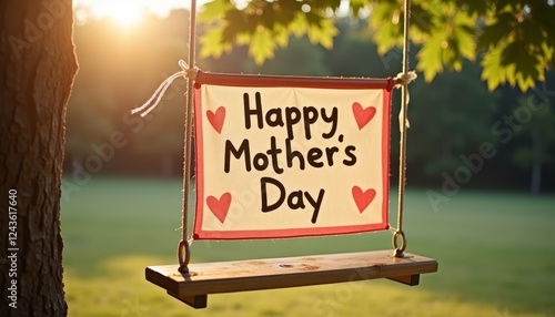 Flag celebrating Mother's Day on tree swing, joyful family moment