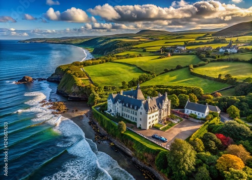 Aerial View Ballygally Castle, Antrim Coast, Northern Ireland - Dramatic Coastal Scene photo