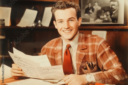 A 1950s-style advertisement for a finance department, featuring a smiling accountant holding a financial ledger photo