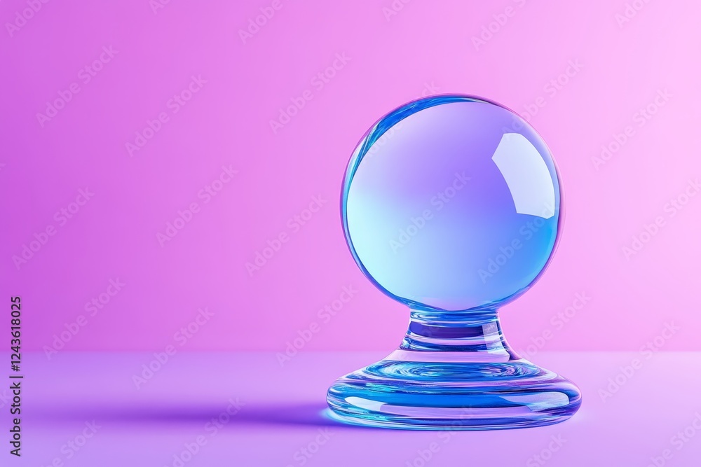 Pale Blue Orb on Purple - A single, pale blue glass sphere rests on a clear base, set against a vibrant purple background. Symbolizing purity, serenity, potential, reflection, and innovation. Pale Blue Orb on Purple - A single, pale blue glass sphere rests on a clear base, set against a vibrant purple background. Symbolizing purity, serenity, potential, reflection, and innovation.