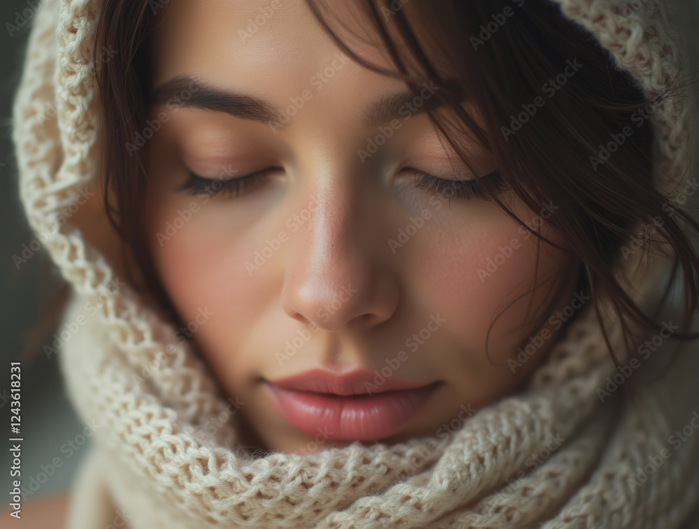 Close-Up Portrait of a Woman Wearing a Scarf with Her Eyes Closed in a Calm, Serene Expression Close-Up Portrait of a Woman Wearing a Scarf with Her Eyes Closed in a Calm, Serene Expression