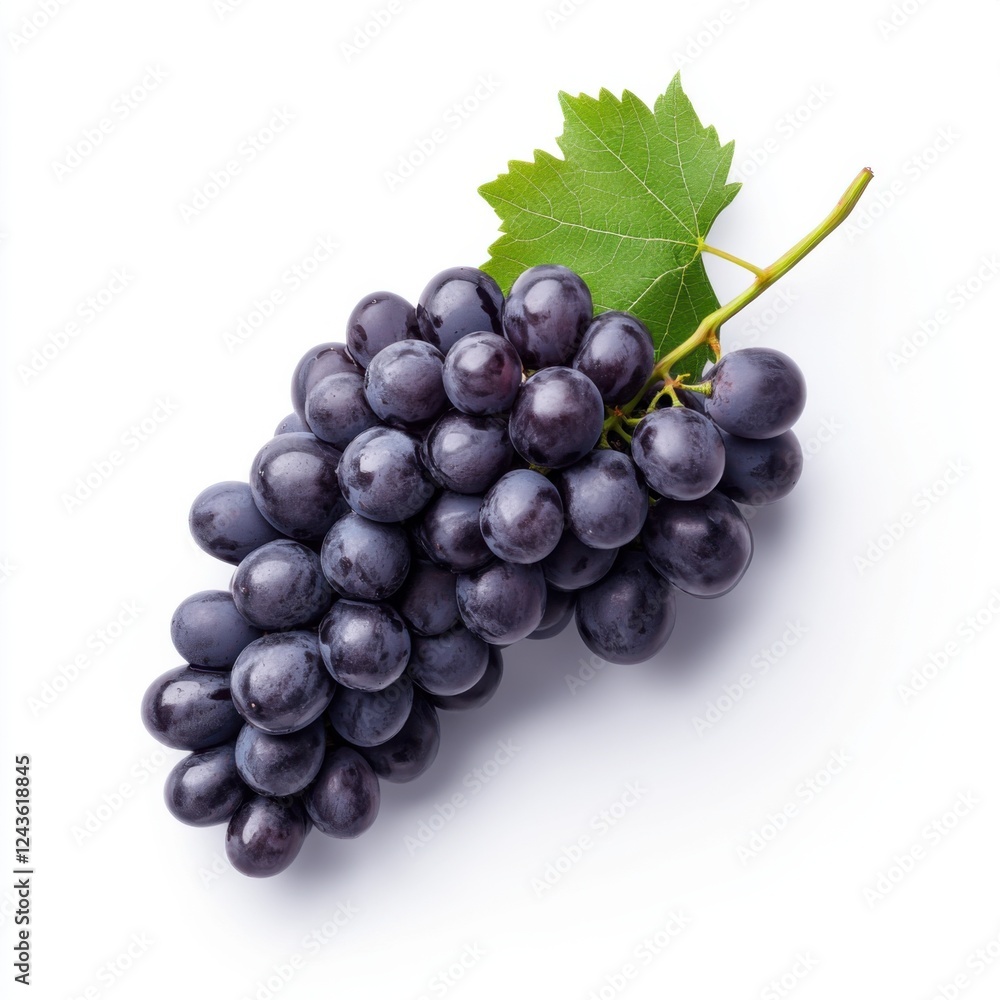Fototapeta premium Fresh Purple Grapes on White Background with Green Leaf for Healthy Eating and Culinary Purposes