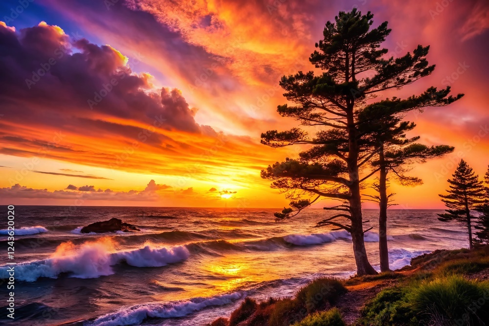 Obraz premium Silhouetted Pine Trees at Sunset Over the Ocean - Dramatic Coastal Landscape