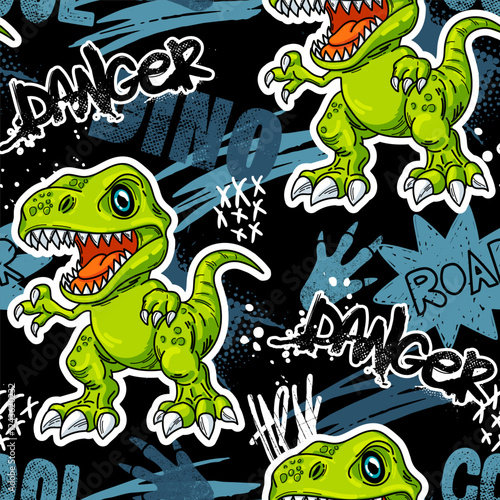 Vector seamles pattern of cartoon dinosaur and graffiti words on white background. Hand draw style wallpaper design