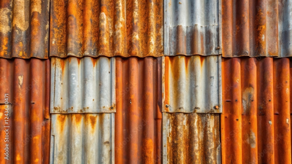 Rustic corrugated metal wall texture with varying degrees of oxidation and weathering Rustic corrugated metal wall texture with varying degrees of oxidation and weathering