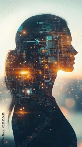 Woman with glowing digital elements illuminating her silhouette in a misty landscape during twilight hours