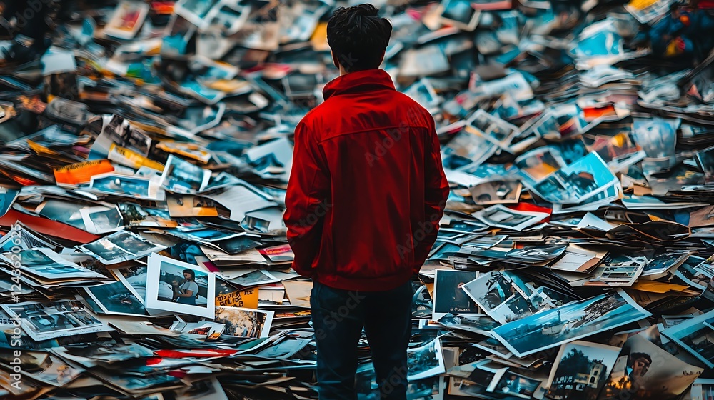 Naklejka premium Reflecting on memories a young man amidst a sea of old photographs urban setting emotional scene introspective viewpoint