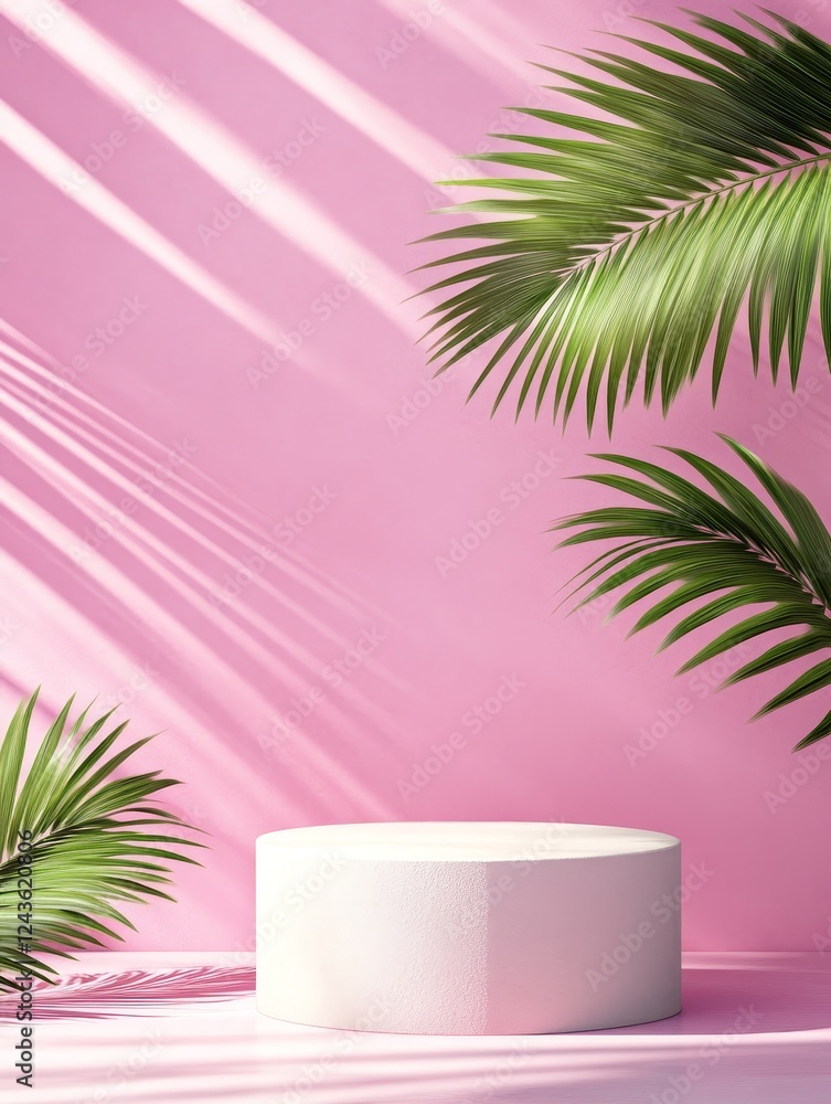 Pink Background Product Display - White cylindrical product display platform with palm fronds on a pink background, illuminated by sunlight. Perfect for showcasing beauty products or small items. Pink Background Product Display - White cylindrical product display platform with palm fronds on a pink background, illuminated by sunlight. Perfect for showcasing beauty products or small items.