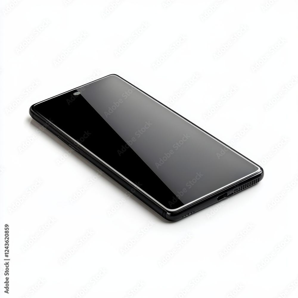 Compact black smartphone with a reflective surface placed on a light background showcasing its sleek design and modern features
