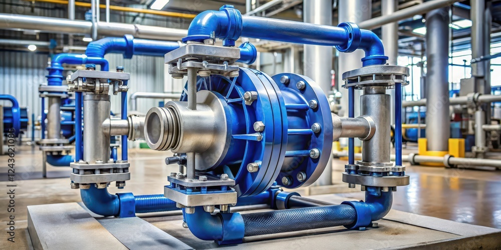 Industrial diaphragm pump with curved diaphragm and piston moving inside a cylindrical housing Industrial diaphragm pump with curved diaphragm and piston moving inside a cylindrical housing
