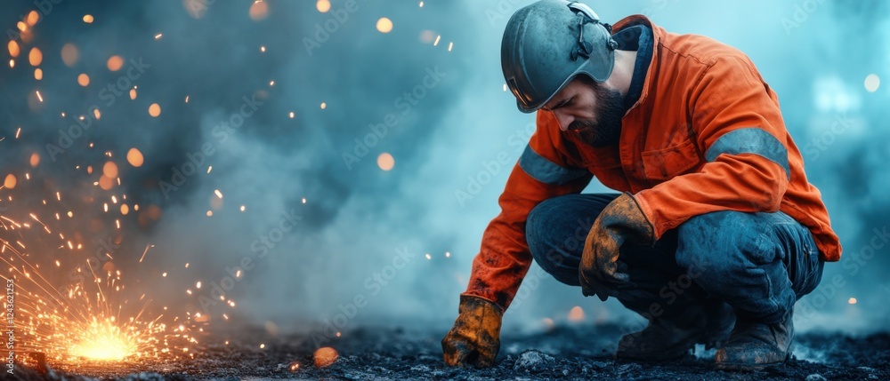 Worker in Safety Gear Examining Ground Amidst Flying Sparks and Smoke in Industrial Environment Worker in Safety Gear Examining Ground Amidst Flying Sparks and Smoke in Industrial Environment
