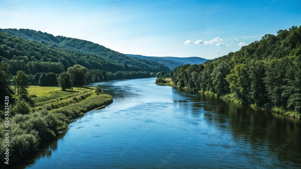 Fototapeta premium serene river flowing through lush green valleys under a clear blue sky