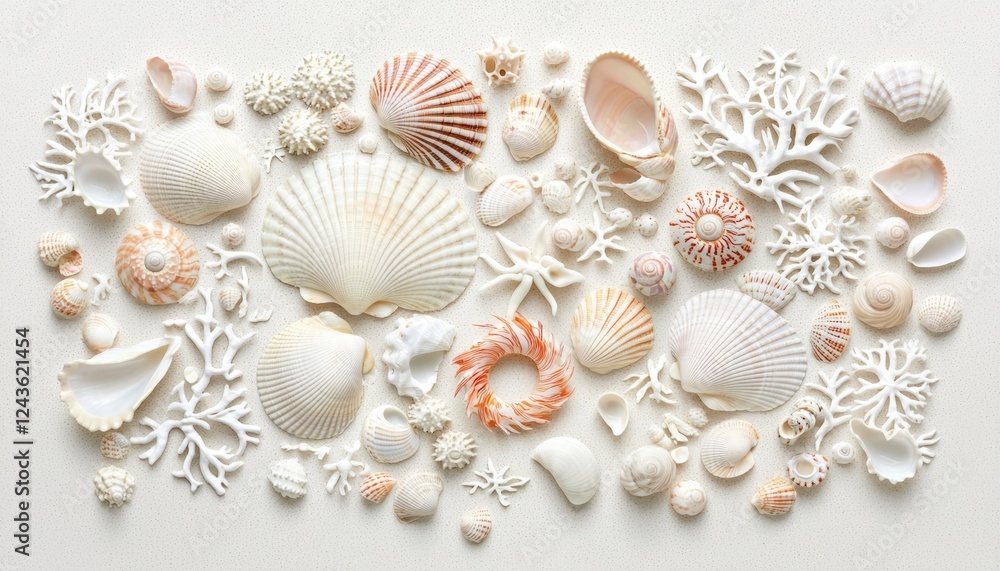 Seashells and Coral Arranged on a Light Background Seashells and Coral Arranged on a Light Background