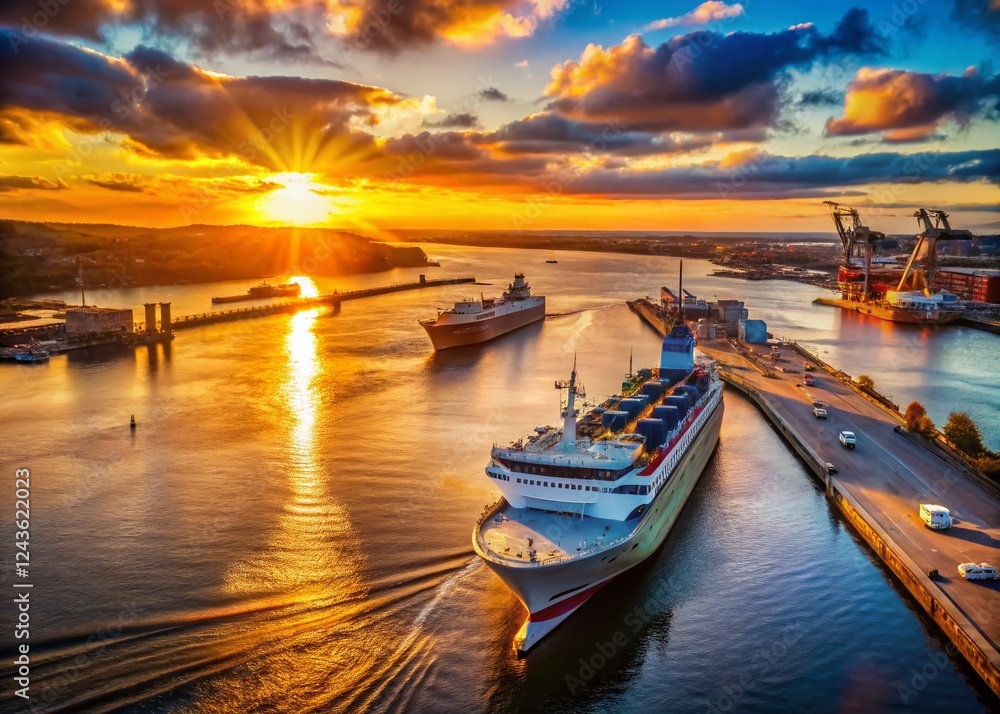 Aerial View of Ferry and Cargo Ship at Harbor, Dramatic Drone Shot Aerial View of Ferry and Cargo Ship at Harbor, Dramatic Drone Shot
