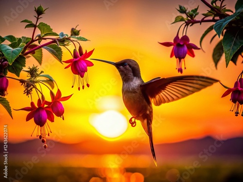 Silhouette of Hummingbird Feeding on Cape Fuchsia Flower at Sunset photo