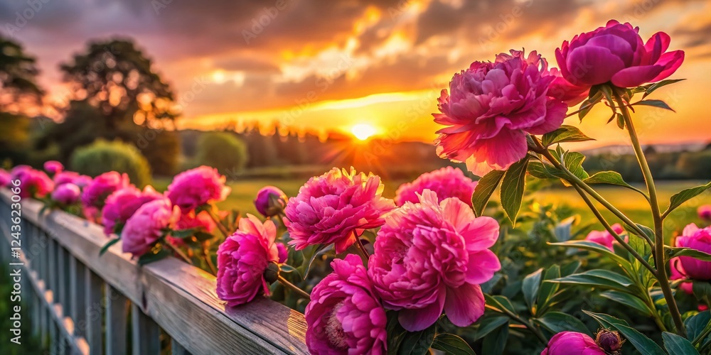 Obraz premium Silhouette of Pink Peonies Against Silver Moss Fence at Sunset