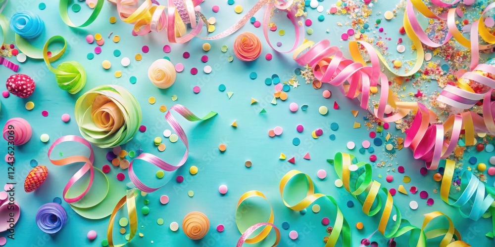 Fototapeta premium Joyful Celebration Colorful Ribbons, Confetti, and Festive Decorations on a Bright Background