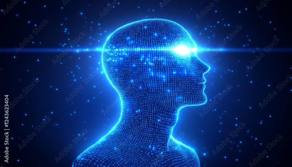 Digital Human Head Profile With Circuit Board, Binary Code, and Glowing Eyes on Blue Background Digital Human Head Profile With Circuit Board, Binary Code, and Glowing Eyes on Blue Background