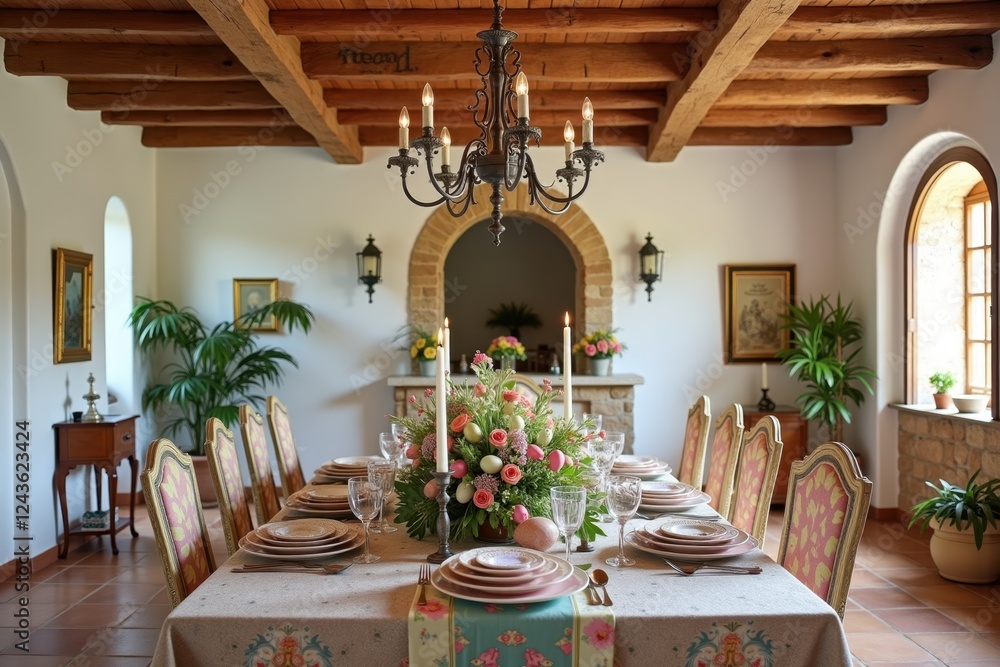 Fototapeta premium An elegant dining room is adorned with a stunning Easter table centerpiece made of flowers, eggs, and candles. The backdrop features colorful table linens. Mediterranean Interior Style.
