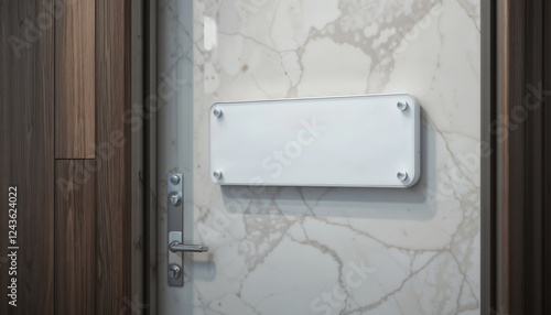 A sleek and modern blank nameplate mounted on an elegant office door with a marble and wood finish. Ideal for office interiors, corporate branding, and workplace signage concepts