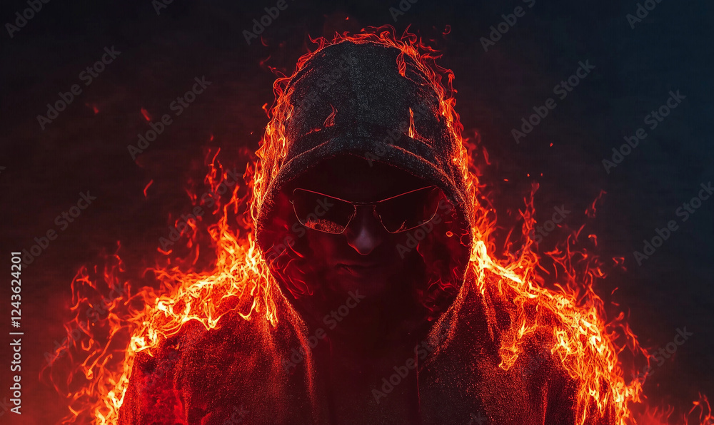 Man in a Black Hoodie with a Fiery Red Aura, Exuding Energy and a Powerful Presence Man in a Black Hoodie with a Fiery Red Aura, Exuding Energy and a Powerful Presence
