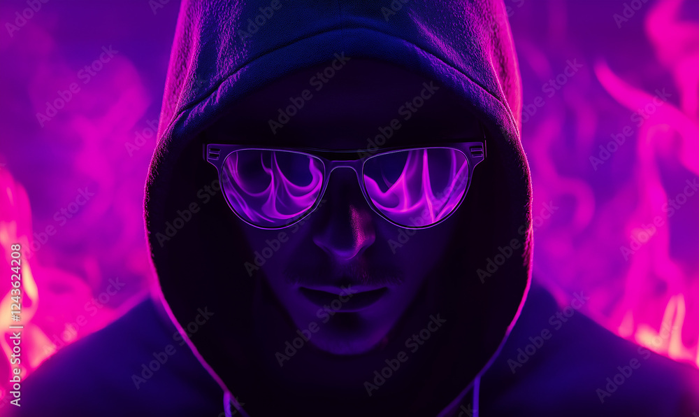 Silhouette in a Black Hoodie with Bright Violet Light, Adding Mystery and Intrigue to the Scene Silhouette in a Black Hoodie with Bright Violet Light, Adding Mystery and Intrigue to the Scene