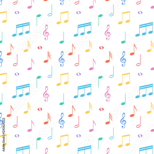 Colorful music notes seamless pattern.Repeat pattern with musical note isolated on white background.Vector graphic illustration.