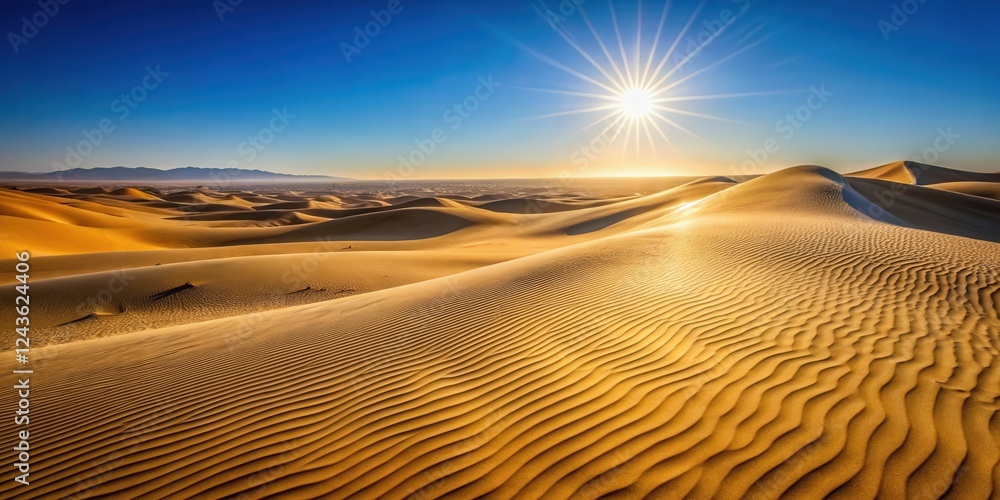 Naklejka premium Golden Sandscape at Sunset Undulating Dunes and a Radiant Sun