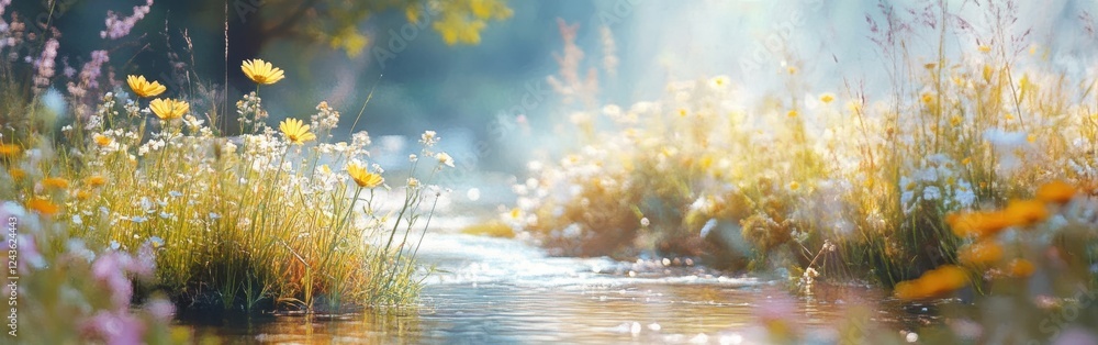 Serene watercolor landscape showcasing a vibrant stream surrounded by blooming flowers in a tranquil natural setting Serene watercolor landscape showcasing a vibrant stream surrounded by blooming flowers in a tranquil natural setting