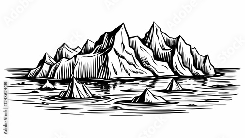 Monochrome Hand Drawn Iceberg Illustration with Mountain Peaks in Calm Water