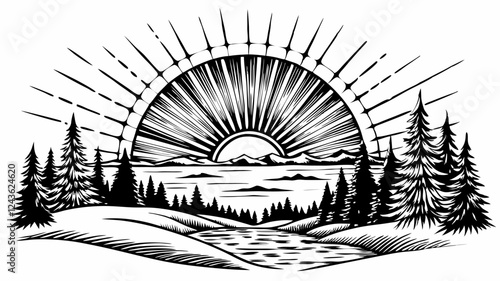 Vintage Sunburst Landscape with Pine Trees and River in Retro Engraving Style