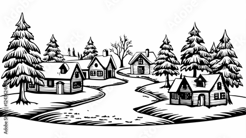 Rustic Village Landscape with Pine Trees and Cozy Cabins in Black and White Vector Style