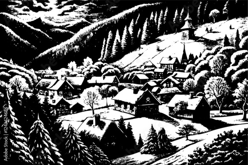 Scenic Illustration of Snowy Village Landscape with Church and Pine Trees