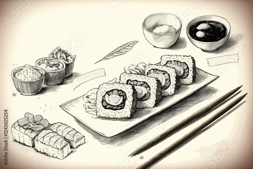 Hand draw sushi set. Traditional Japanese seafood. Food illustration.