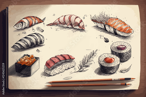 Hand draw sushi set. Traditional Japanese seafood. Food illustration.