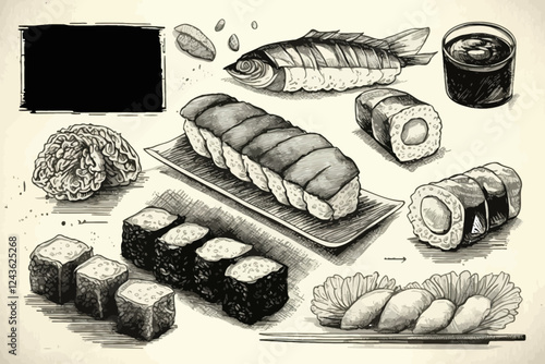 Hand draw sushi set. Traditional Japanese seafood. Food illustration.