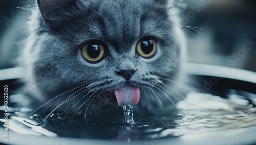 Cute fluffy gray cat drinking water from a bowl with a curious expression while sticking out its tongue in a serene indoor setting photo