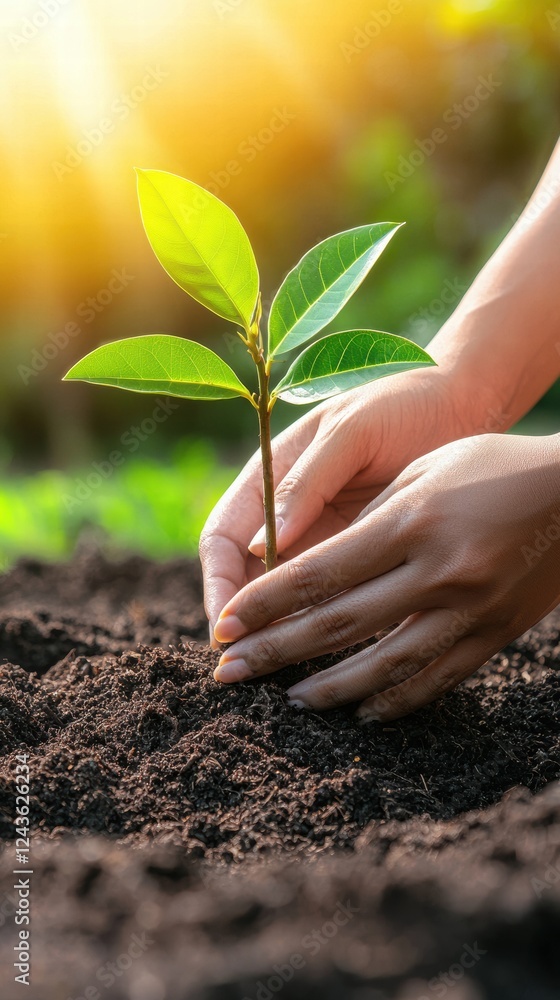 Hands Planting Young Green Sprout in Soil Under Bright Natural Light Hands Planting Young Green Sprout in Soil Under Bright Natural Light