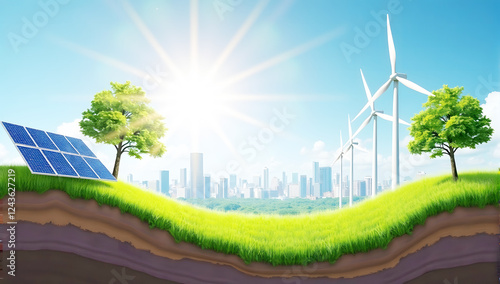 Sustainable Energy Concept with Solar Panels, Wind Turbines, and Green Landscape Representing Renewable Energy and Environmental Conservation photo