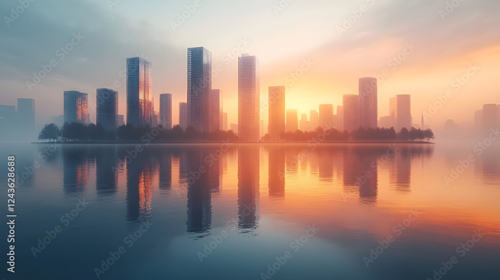 Futuristic Cityscape with Reflective Skyscrapers at Sunset Futuristic Cityscape with Reflective Skyscrapers at Sunset