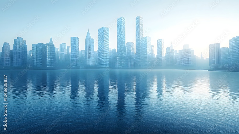 Fototapeta premium Futuristic Cityscape Reflecting on Tranquil River with Minimalist Architecture and Clear Sky