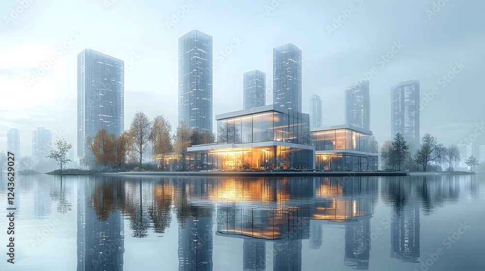 Futuristic Metropolis Reflected on Tranquil Riverfront Cityscape with Geometric Glass Towers Futuristic Metropolis Reflected on Tranquil Riverfront Cityscape with Geometric Glass Towers