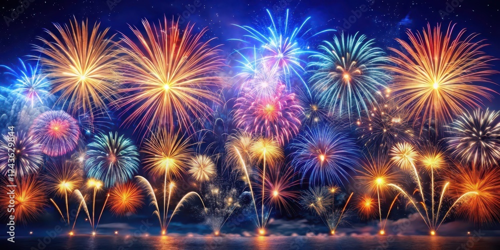 Feuerwerk Panorama auf Dunkelblau , Sparkling Lights, Explosive Emotions Feuerwerk Panorama auf Dunkelblau , Sparkling Lights, Explosive Emotions
