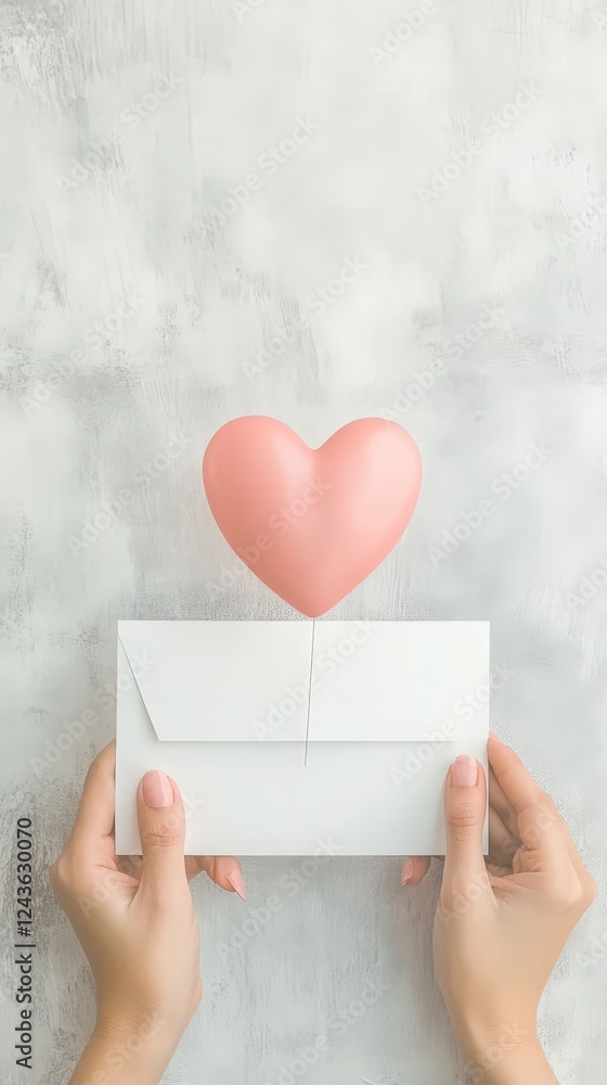 A pair of hands holds a white envelope with a pink heart-shaped balloon attached, symbolizing love, affection, and heartfelt messages. A pair of hands holds a white envelope with a pink heart-shaped balloon attached, symbolizing love, affection, and heartfelt messages.