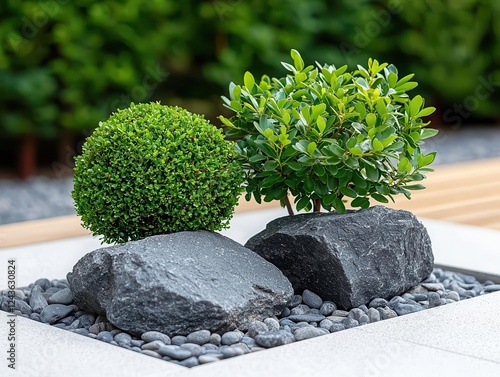 Japaneseinspired rock garden with small droughtresistant plants, sustainable landscaping design photo