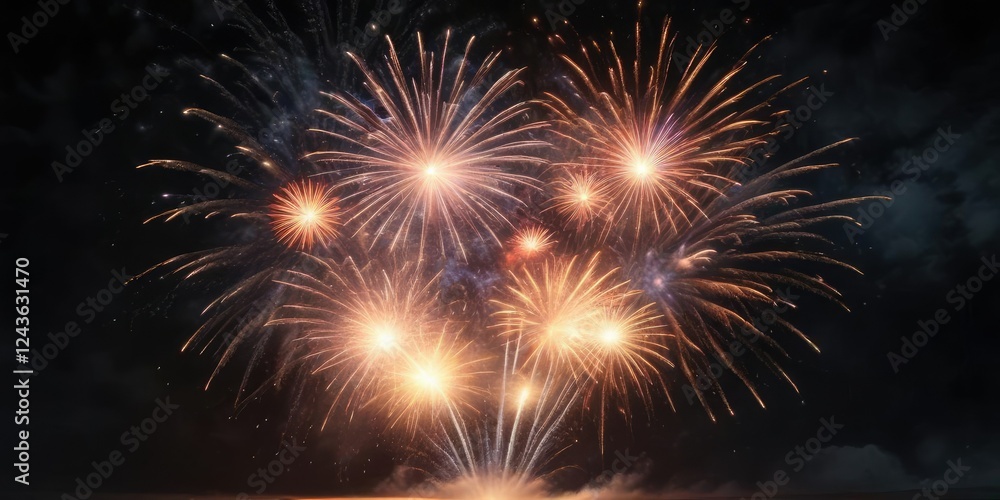 Fototapeta premium Vibrant fireworks exploding against black night sky, event, bright lights, explosive