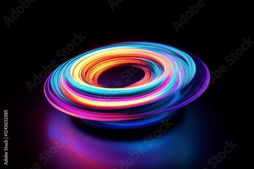 Vibrant and luminous glowing neon rings create a mesmerizing threedimensional effect on a reflective surface, beautifully blending a variety of colors to create a stunning visual spectacle